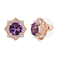 D'Joy Concave Cut AAA Rose De France Amethyst and White Zircon 4.00 ctw Flower Earrings in 18K Vermeil Rose Gold Over Sterling Silver