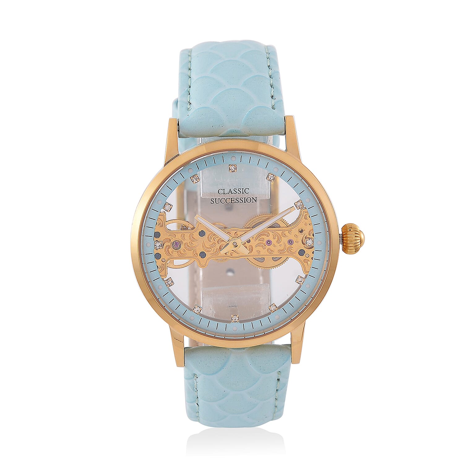 Classic Succession Automatic Mechanical Movement Austrian Crystal Watch in ION Plated YG Stainless Steel with Light Blue Leather Strap (38.8mm)