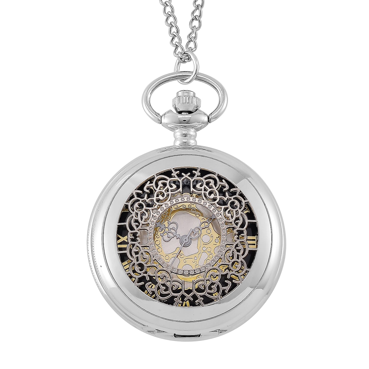 Strada Japanese Movement Flower Pattern Pocket Watch with Chain (31 Inches) in Silvertone (46.4mm)