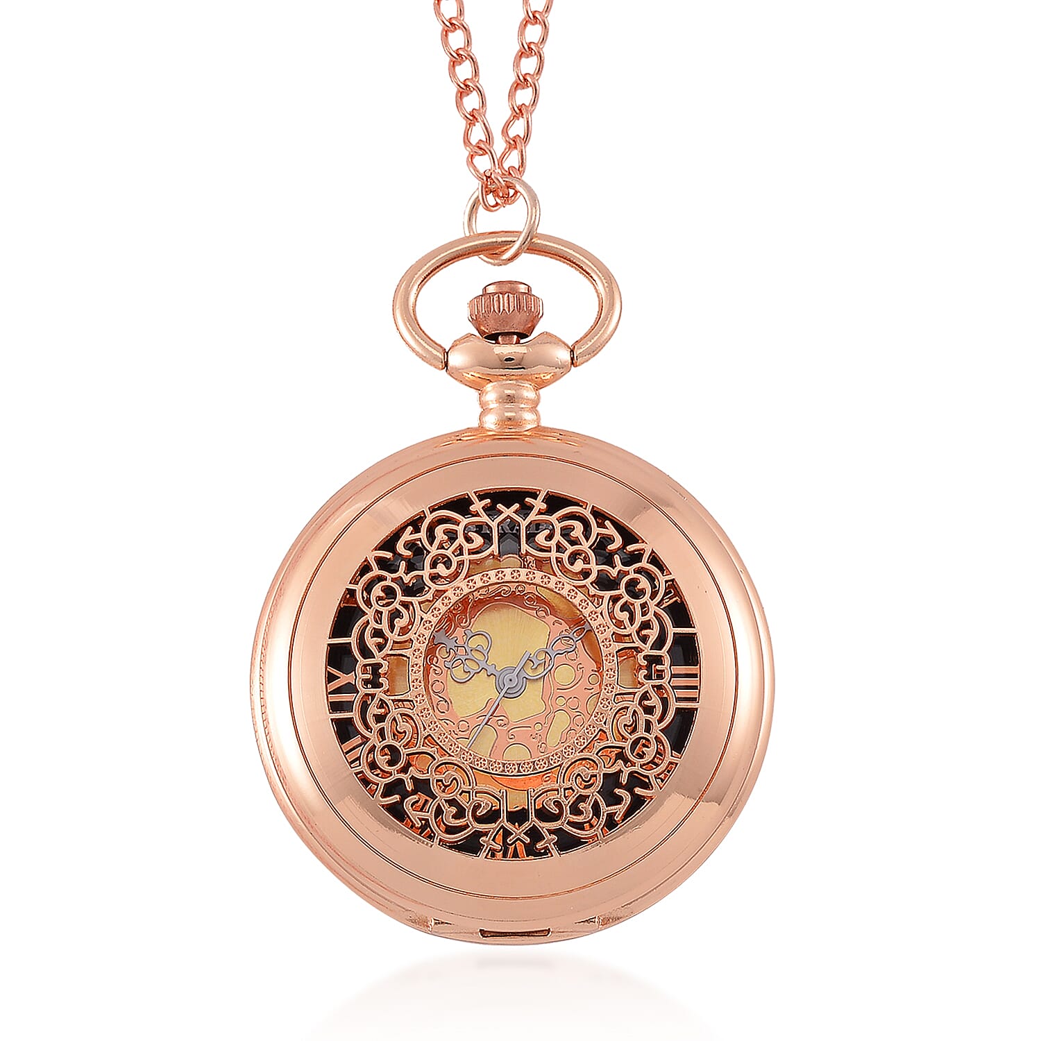 Strada Japanese Movement Flower Pattern Pocket Watch with Chain (31 Inches) in Silvertone (46.4mm)