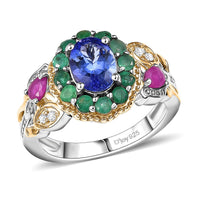 28th Apr TLV Premium Tanzanite, Multi Gemstone Floral Ring in 18K Vermeil YG and Rhodium Over Sterling Silver (Size 10.0) 2.30 ctw