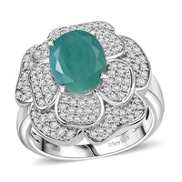 Grandidierite and White Zircon 4.25 ctw Camellia Flower Ring in Rhodium Over Sterling Silver (Size 10.0)
