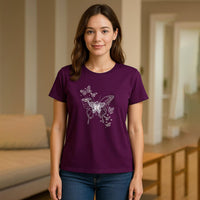 Purple Butterfly Crystal Bejeweled and Lace Bat Wing Short Sleeve Shirt Working - One Size Fits Most