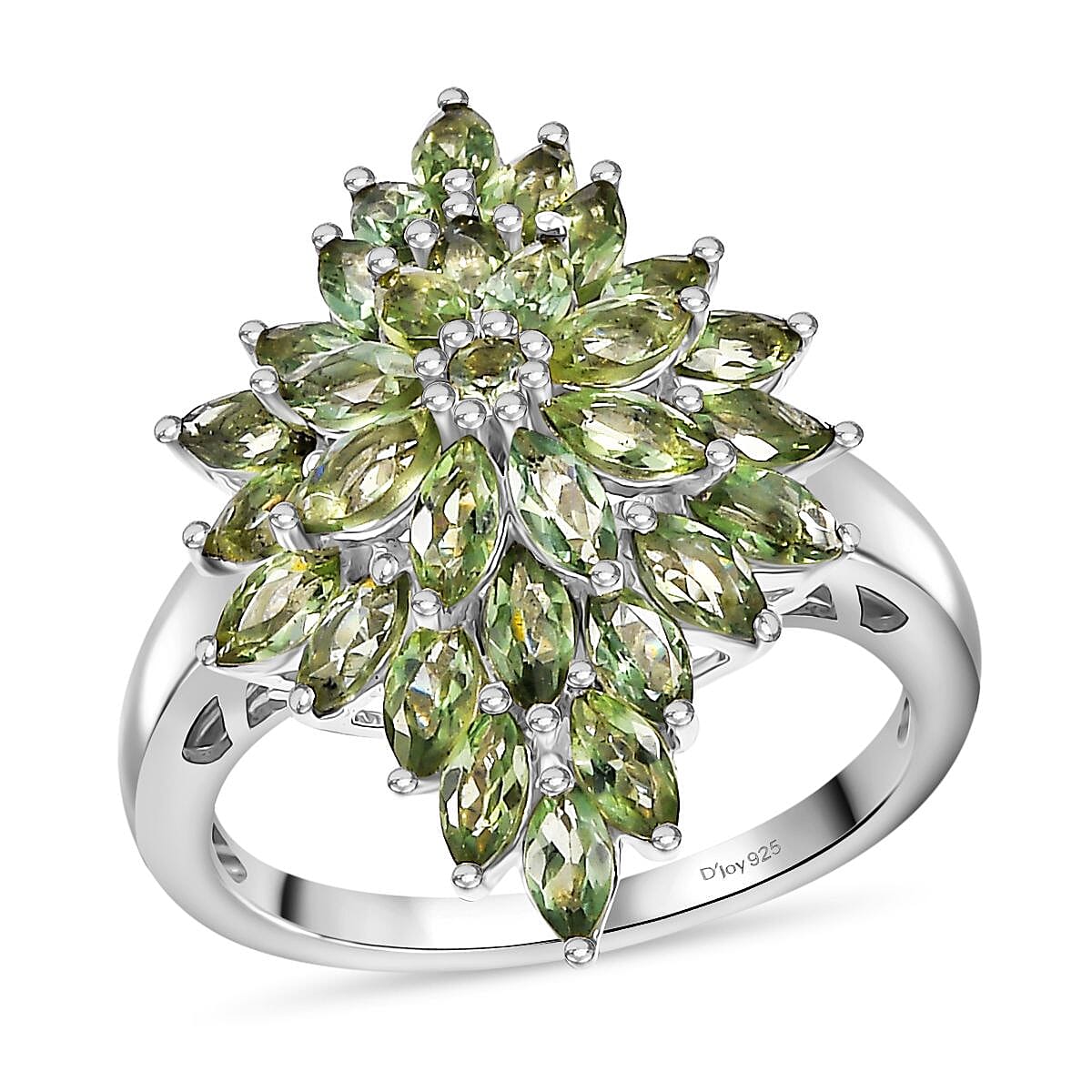 Natural Green Apatite Floral Spray Ring in Rhodium Over Sterling Silver (Size 9.0) 3.20 ctw