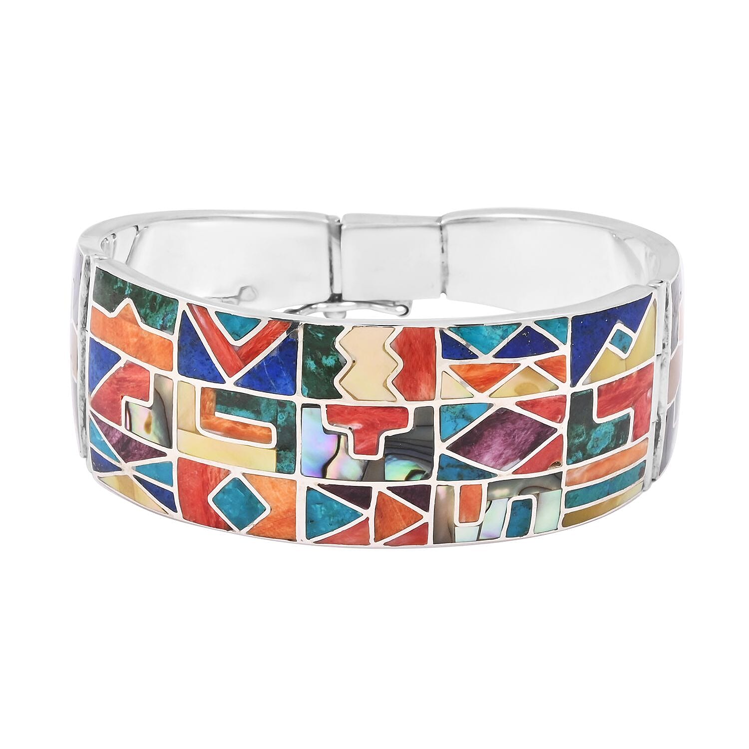 Peruvian Artistry Multi Gemstone Inka Calender Bangle Bracelet in Sterling Silver (7.00 In) 12.65 ctw