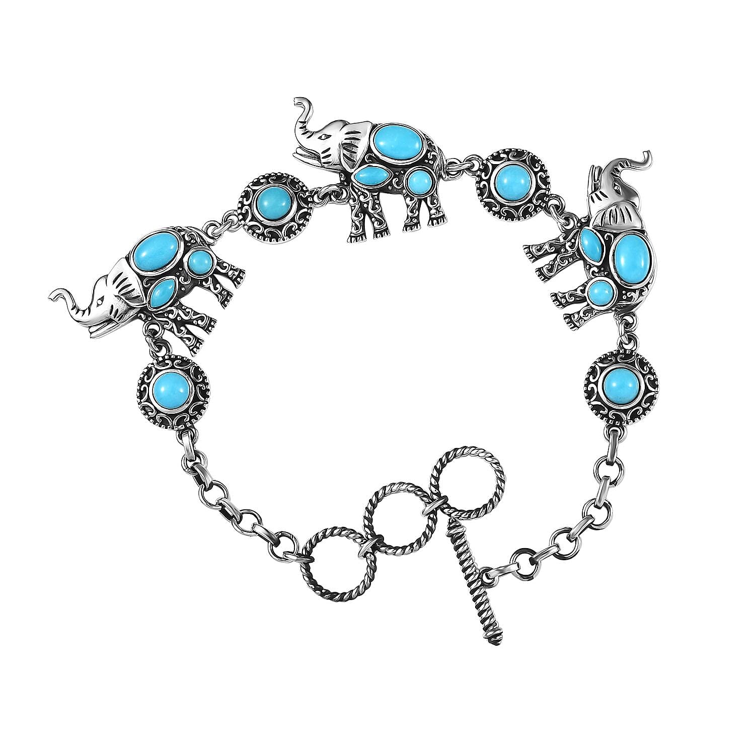 D'Joy Indian Artisan Crafted Sleeping Beauty Turquoise 5.50 ctw Majestic Elephants Bracelet in Sterling Silver (6.50-8.0In)