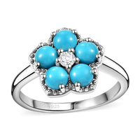 Sleeping Beauty Turquoise and White Zircon 1.50 ctw Flower Ring in Platinum Over Sterling Silver (Size 10.0)
