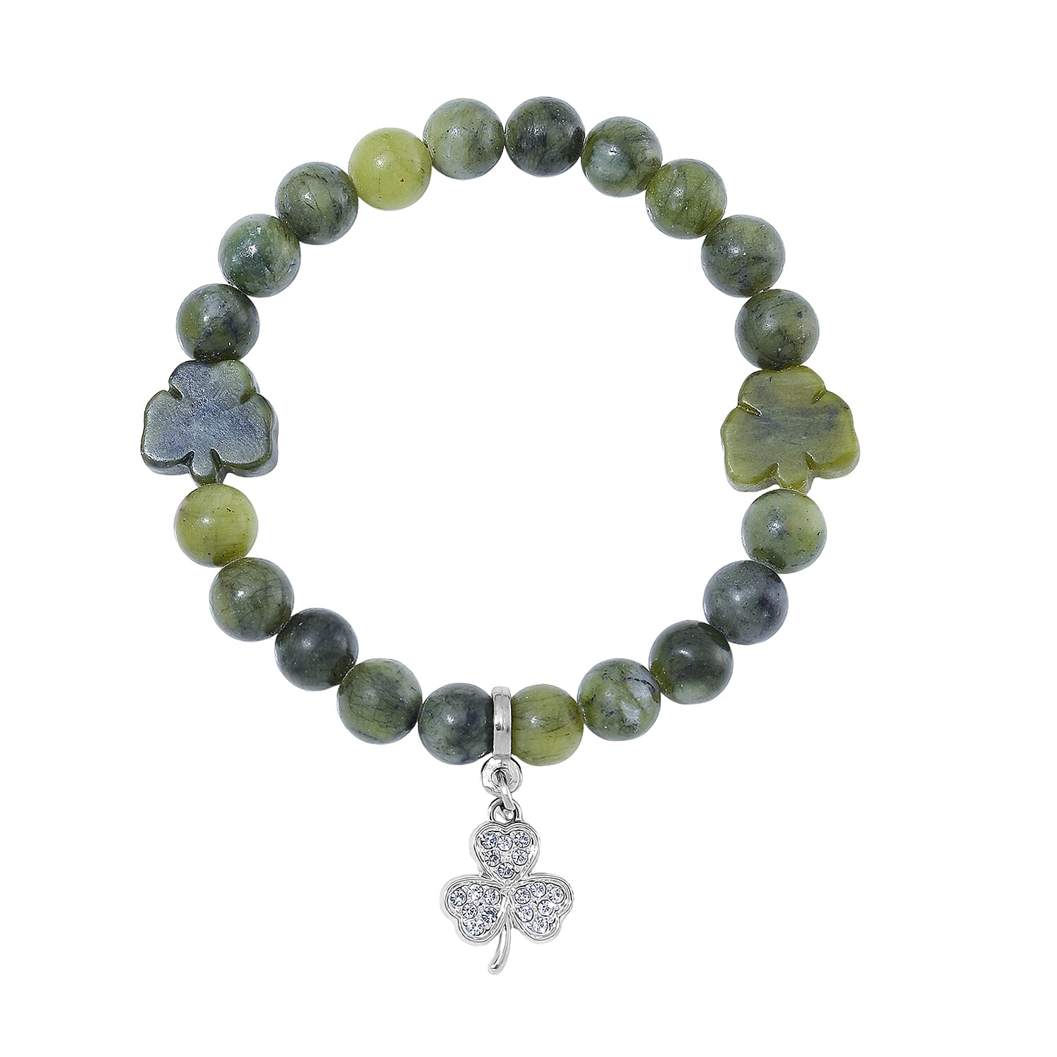 Connemara Marble and White Austrian Crystal Stretch Charm 102.00 ctw Bracelet in Silvertone