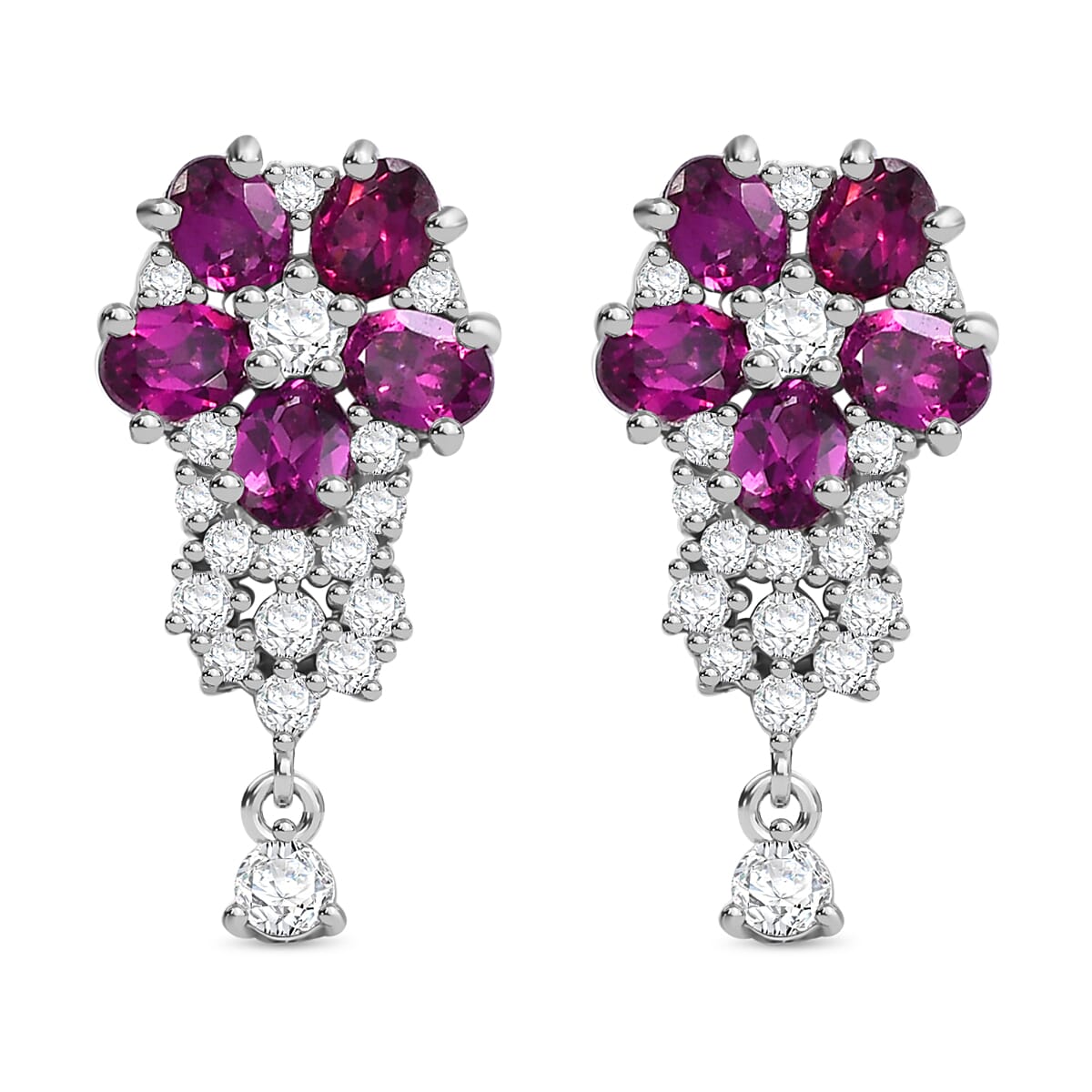 D'Joy AAA Radiant Ember Garnet and White Zircon 3.30 ctw Dangling Floral Earrings in Rhodium Over Sterling Silver