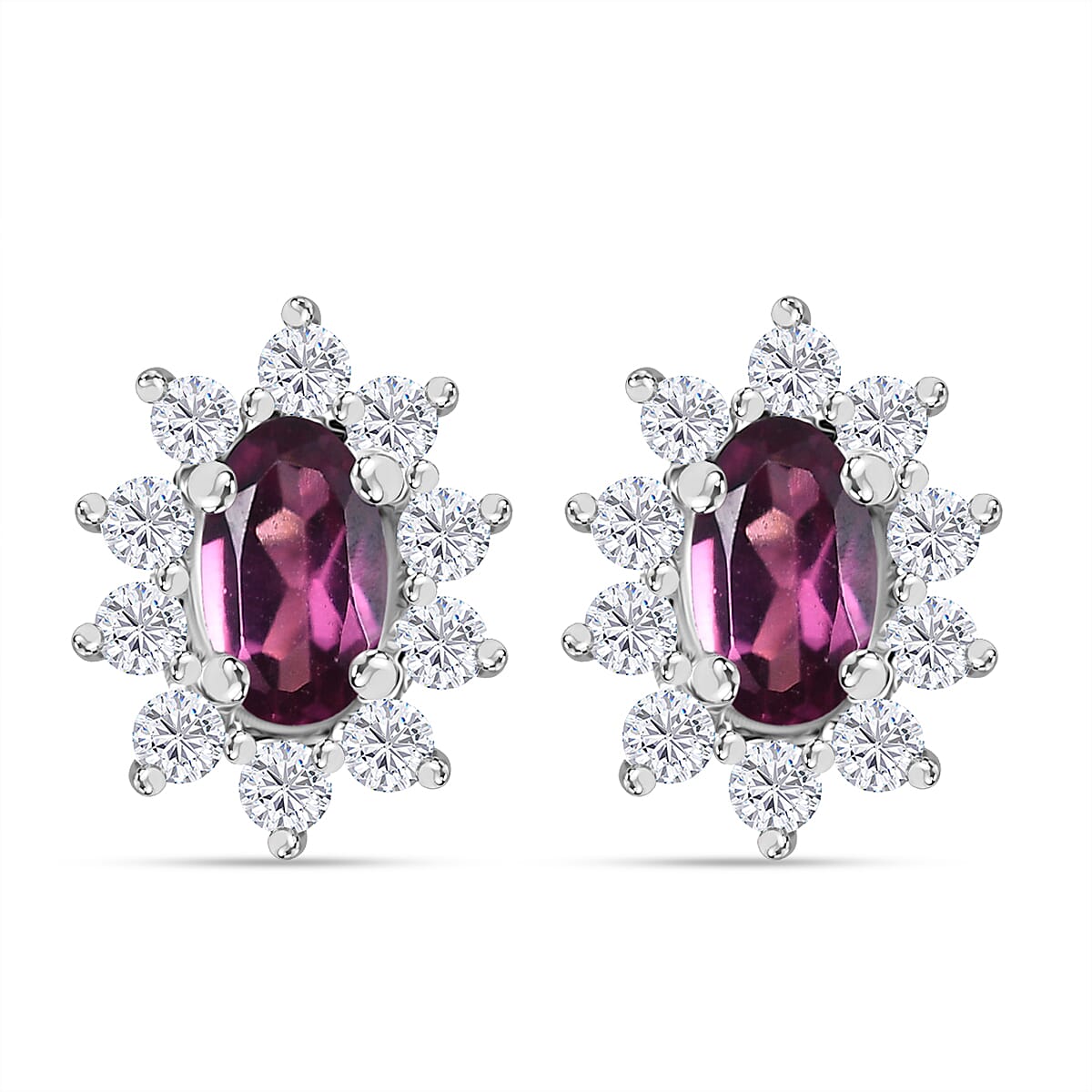 D'Joy AAA Radiant Ember Garnet and White Zircon 1.00 ctw Floral Stud Earrings in Rhodium Over Sterling Silver
