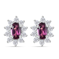 D'Joy AAA Radiant Ember Garnet and White Zircon 1.00 ctw Floral Stud Earrings in Rhodium Over Sterling Silver