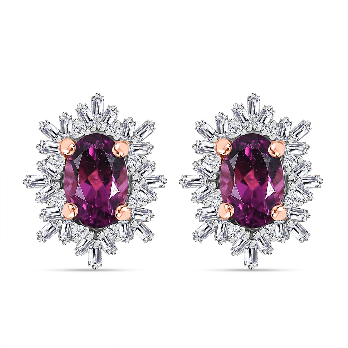 D'Joy AAA Radiant Ember Garnet and White Diamond 1.40 ctw Snowflake Stud Earrings in 18K Vermeil Rose Gold Sterling Silver