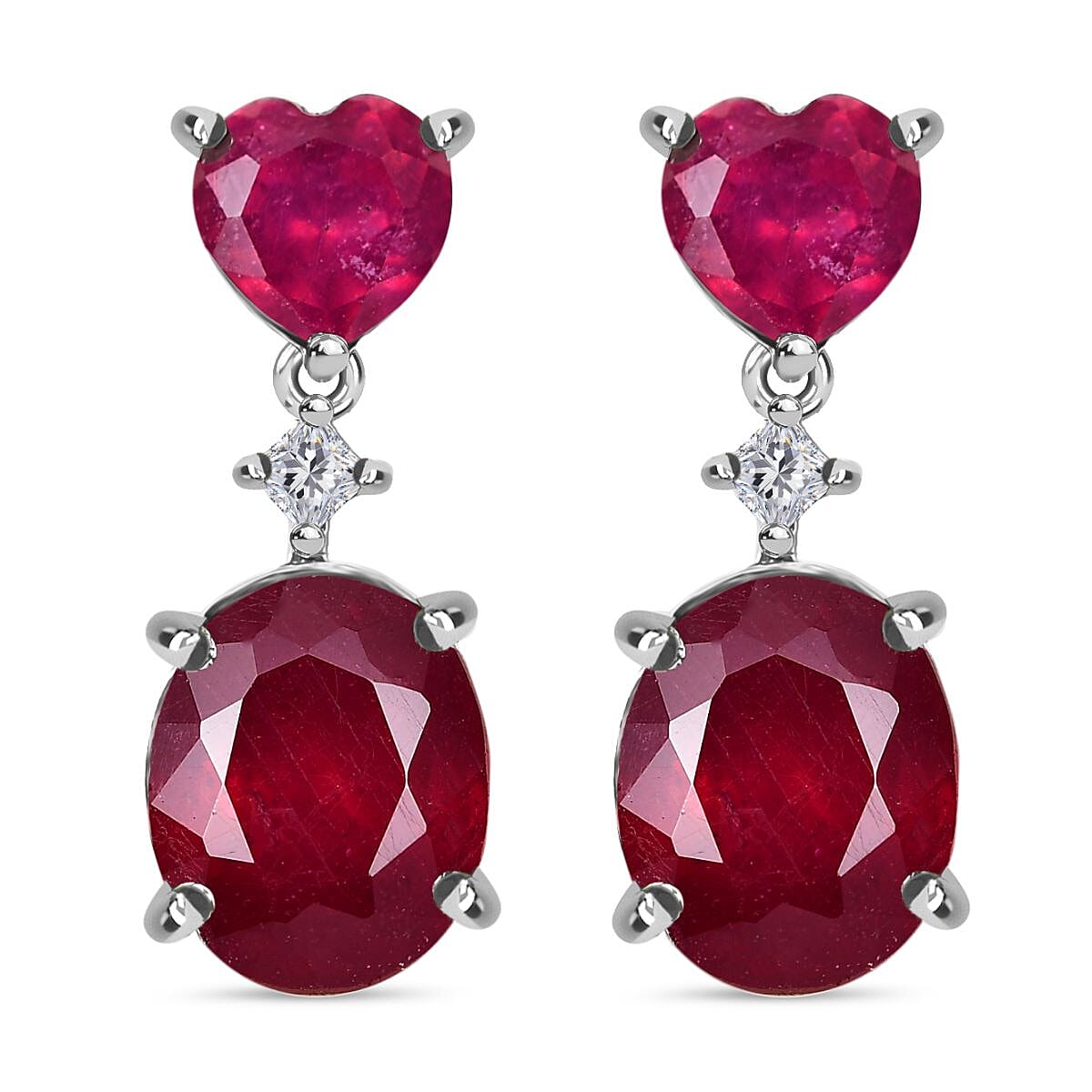 D'Joy Niassa Ruby (FF), Moissanite 10.20 ctw Love Elegance Earrings in Rhodium Over Sterling Silver