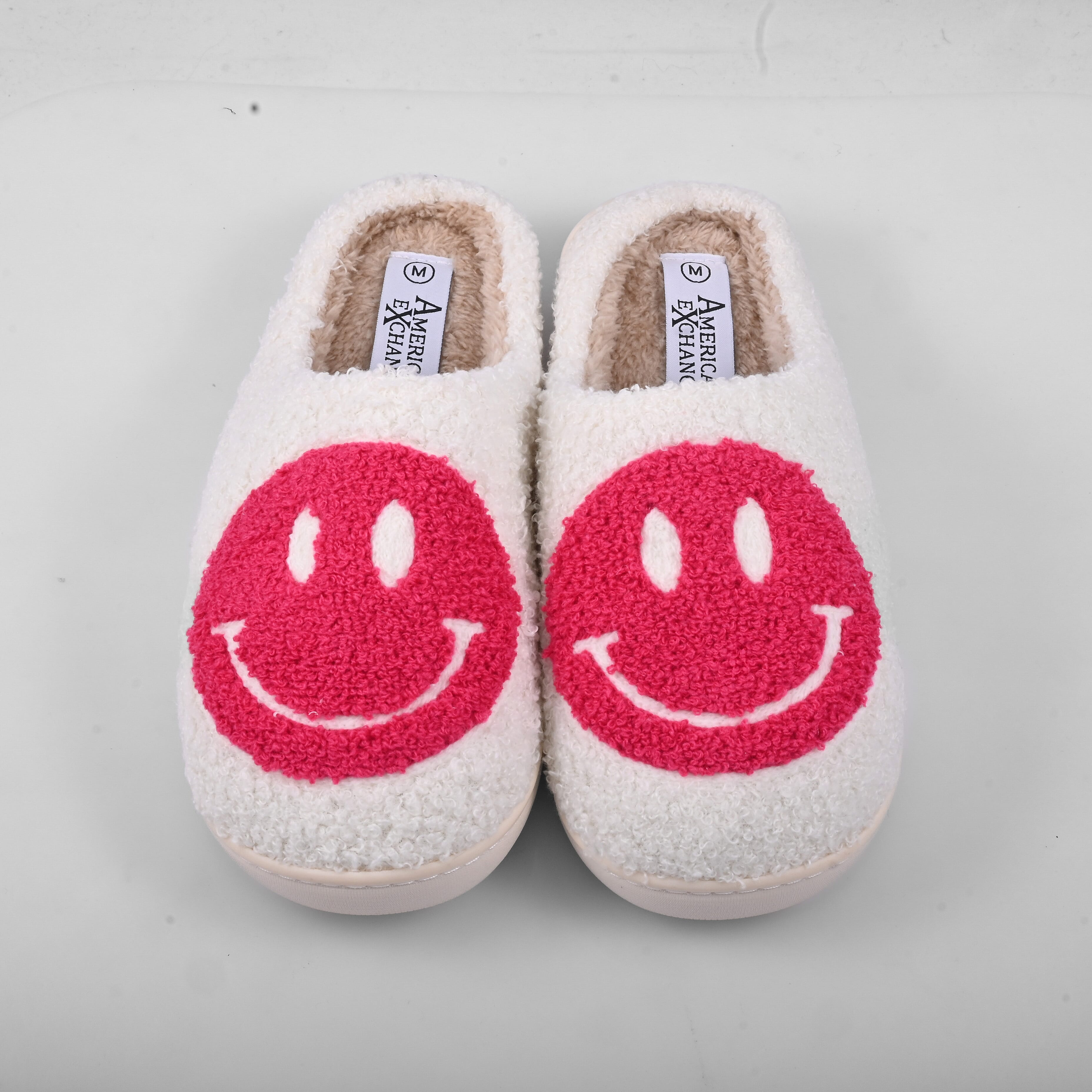 American Exchange Fuchsia White Smiley Face Fur Slippers Fuchsia - S  