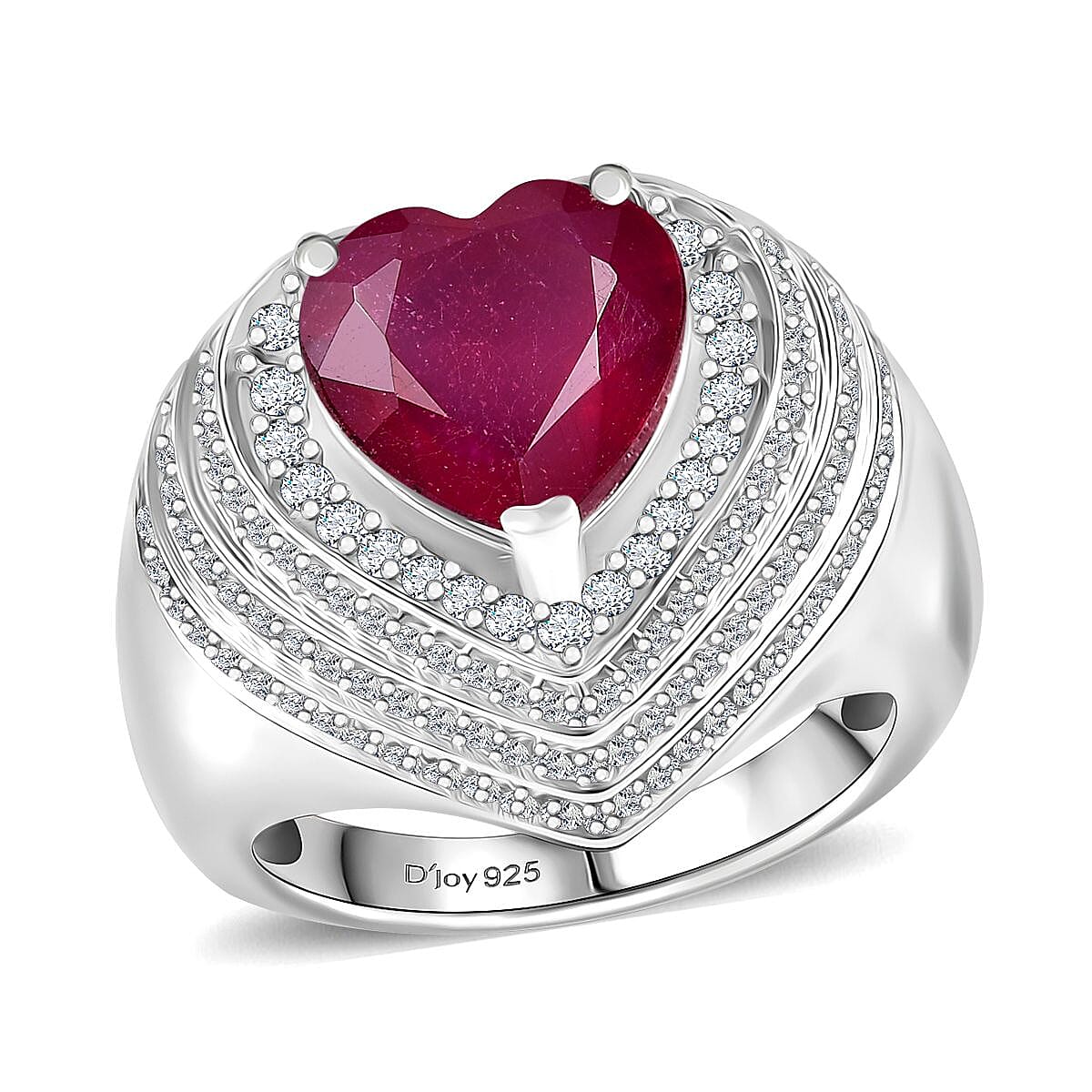 Niassa Ruby(FF) and White Zircon 6.60 ctw Heart Ring in Rhodium Over Sterling Silver (Size 10.0)