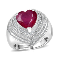 Niassa Ruby(FF) and White Zircon 6.60 ctw Heart Ring in Rhodium Over Sterling Silver (Size 10.0)