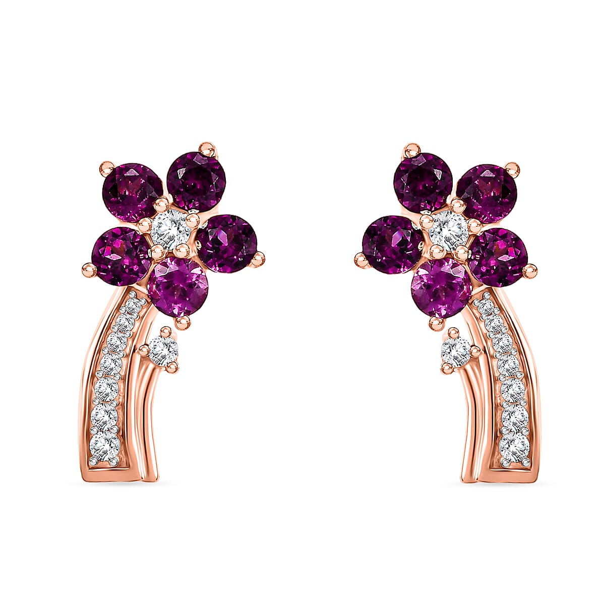 D'Joy AAA Radiant Ember Garnet and White Zircon 1.90 ctw Floral Earrings in 18K Vermeil Rose Gold Sterling Silver