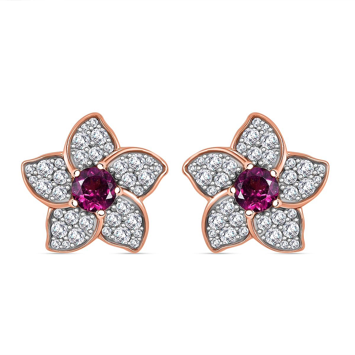 D'Joy AAA Radiant Ember Garnet and White Zircon 1.70 ctw Floral Earrings in 18K Vermeil Rose Gold Sterling Silver