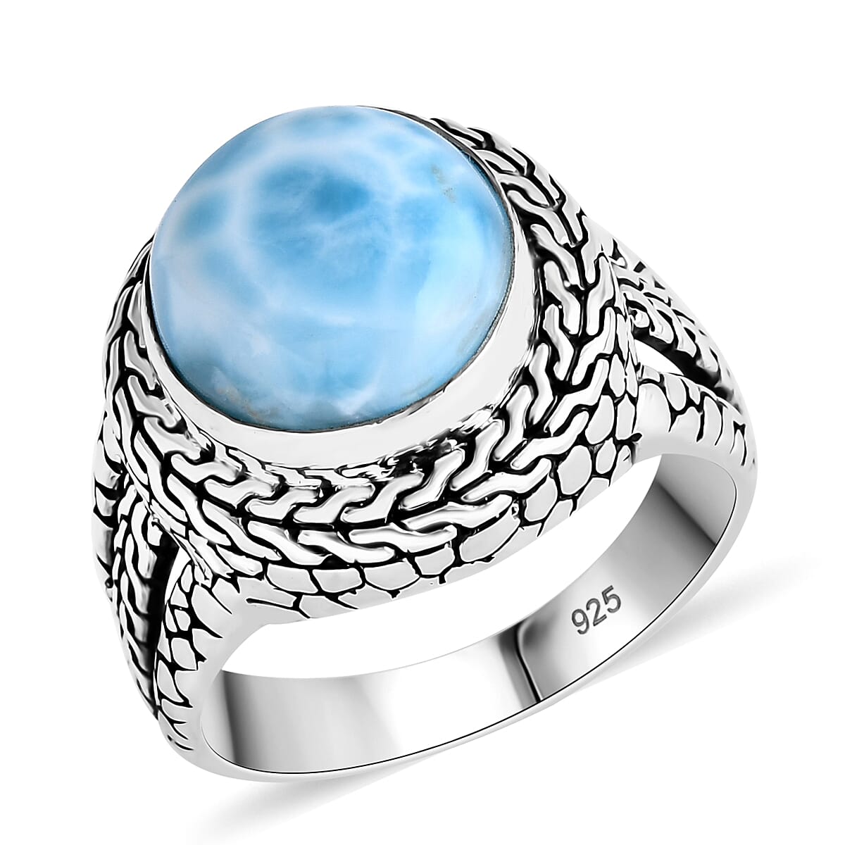 Bali Legacy Larimar Pebble with Tulang Naga Ring in Sterling Silver (Size 8.0) 7.70 ctw