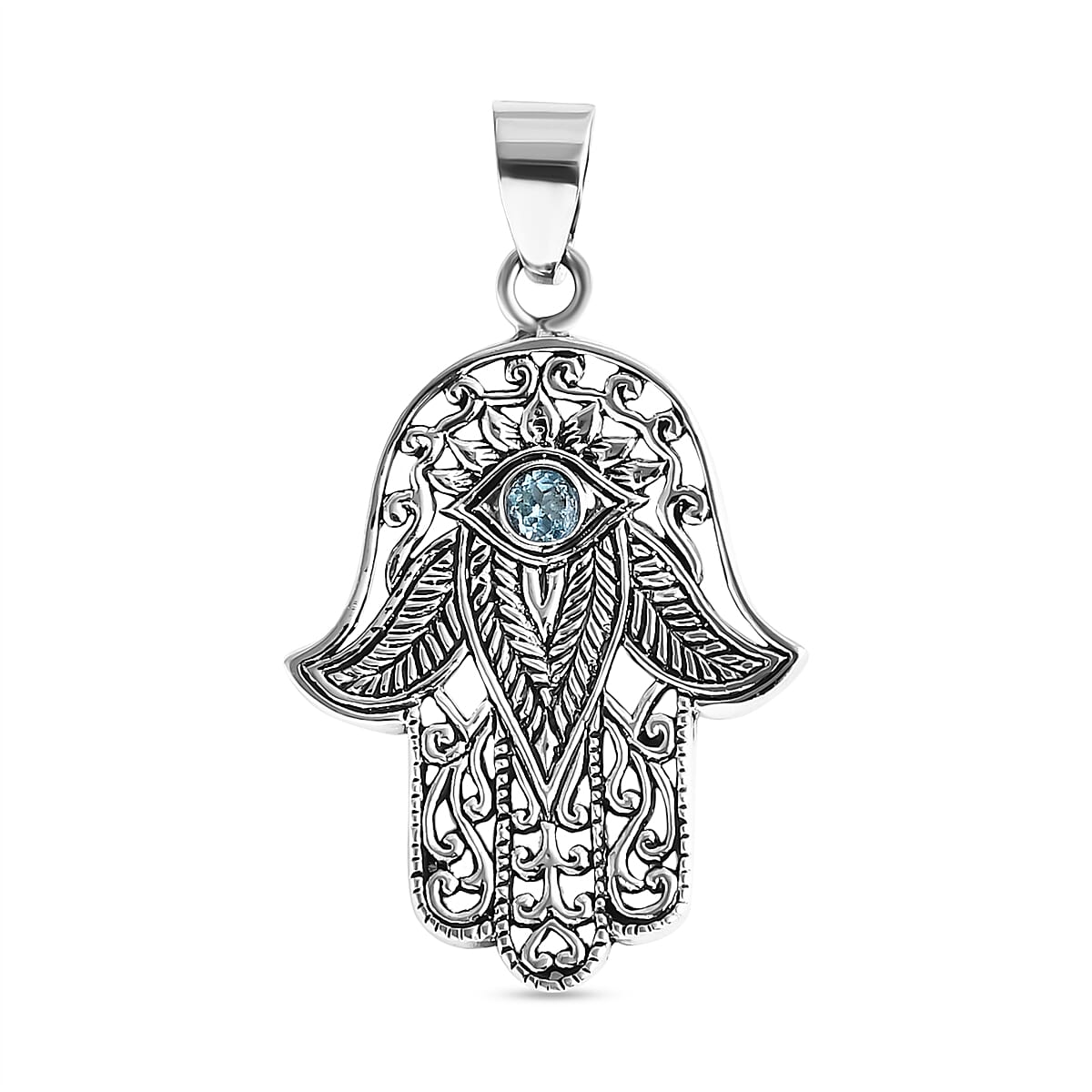 Bali Legacy Paraiba Apatite 0.10 ctw Hamsa and Evil Eye Pendant without Chain in Sterling Silver