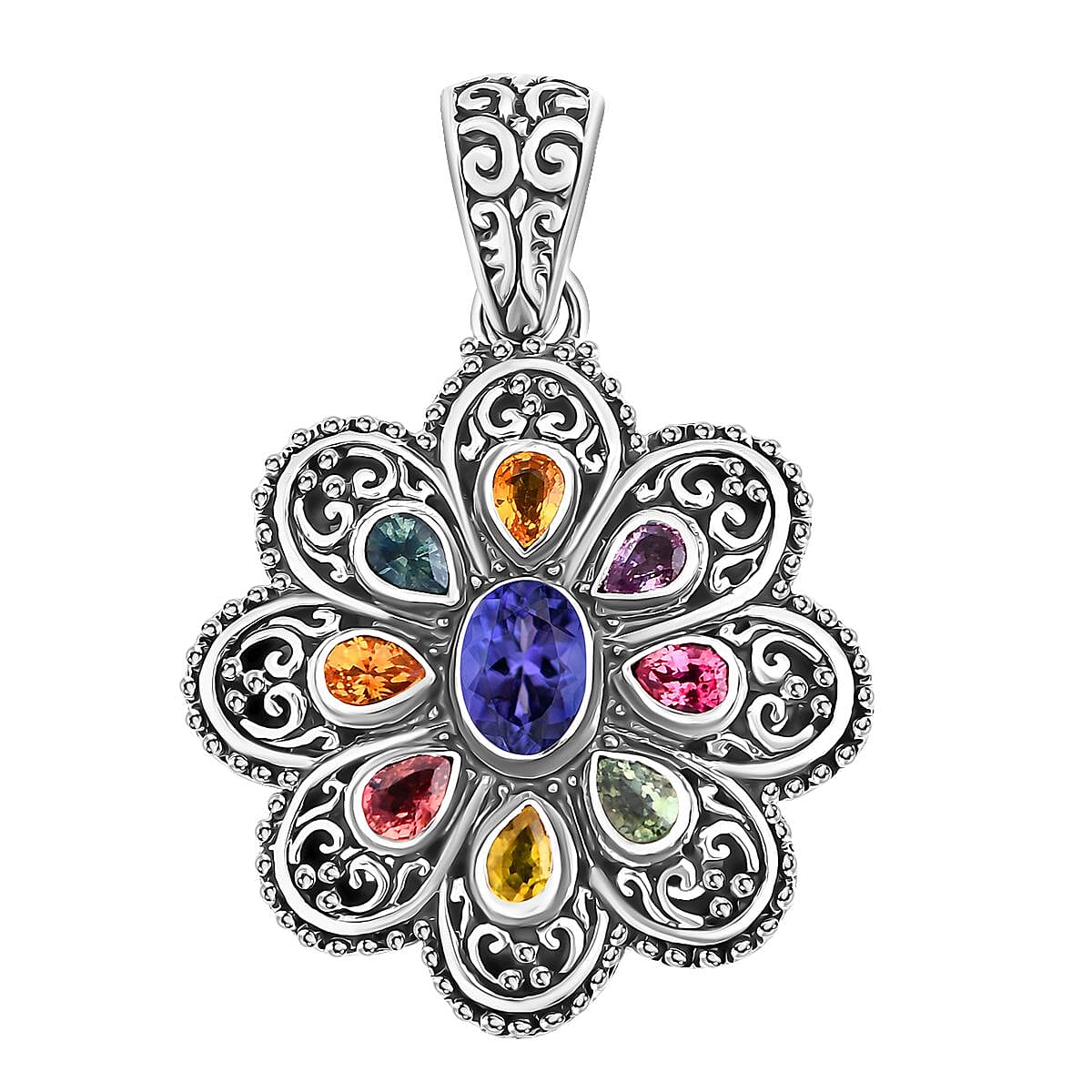 Bali Legacy Tanzanite and Multi Sapphire 1.30 ctw Flower Pendant without Chain in Sterling Silver