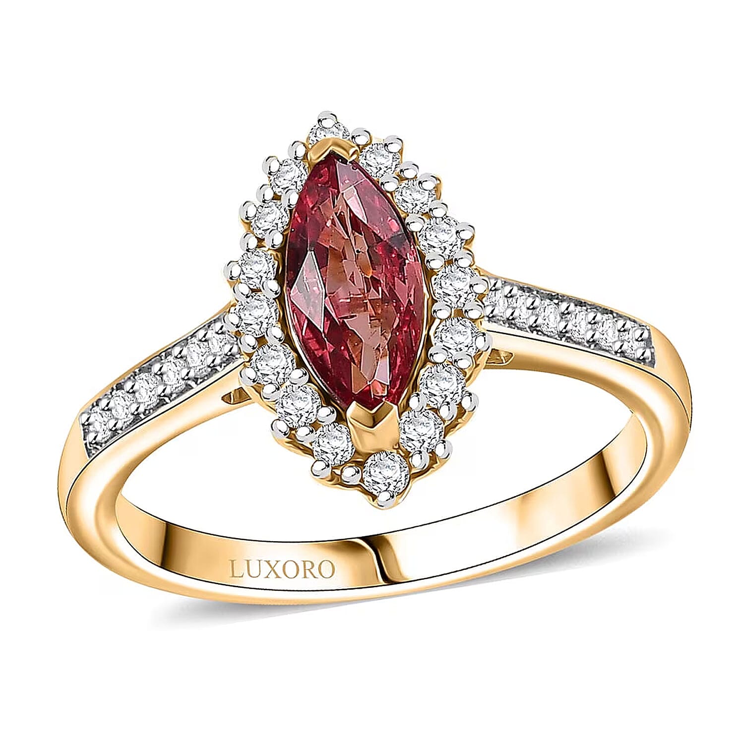 Certified & Appraised Luxoro 14K Yellow Gold AAA Padparadscha Sapphire (BT), Diamond (I2) (0.41 cts) Halo Ring (Size 7.0) 1.54 ctw