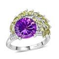 Concave Cut AAA Rose De France Amethyst, Multi Gemstone Leaf Ring in Rhodium Over Sterling Silver (Size 6.0) 5.35 ctw - Sticky add to cart bar