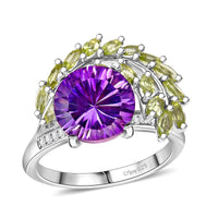Concave Cut AAA Rose De France Amethyst, Multi Gemstone Leaf Ring in Rhodium Over Sterling Silver (Size 6.0) 5.35 ctw