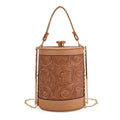 Brown Flower Embossed Faux Leather Cylinder Clutch Bag with Shoulder Strap - Sticky add to cart bar