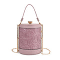 Brown Flower Embossed Faux Leather Cylinder Clutch Bag with Shoulder Strap - Sticky add to cart bar
