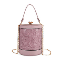 Brown Flower Embossed Faux Leather Cylinder Clutch Bag with Shoulder Strap