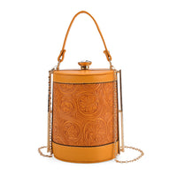 Brown Flower Embossed Faux Leather Cylinder Clutch Bag with Shoulder Strap