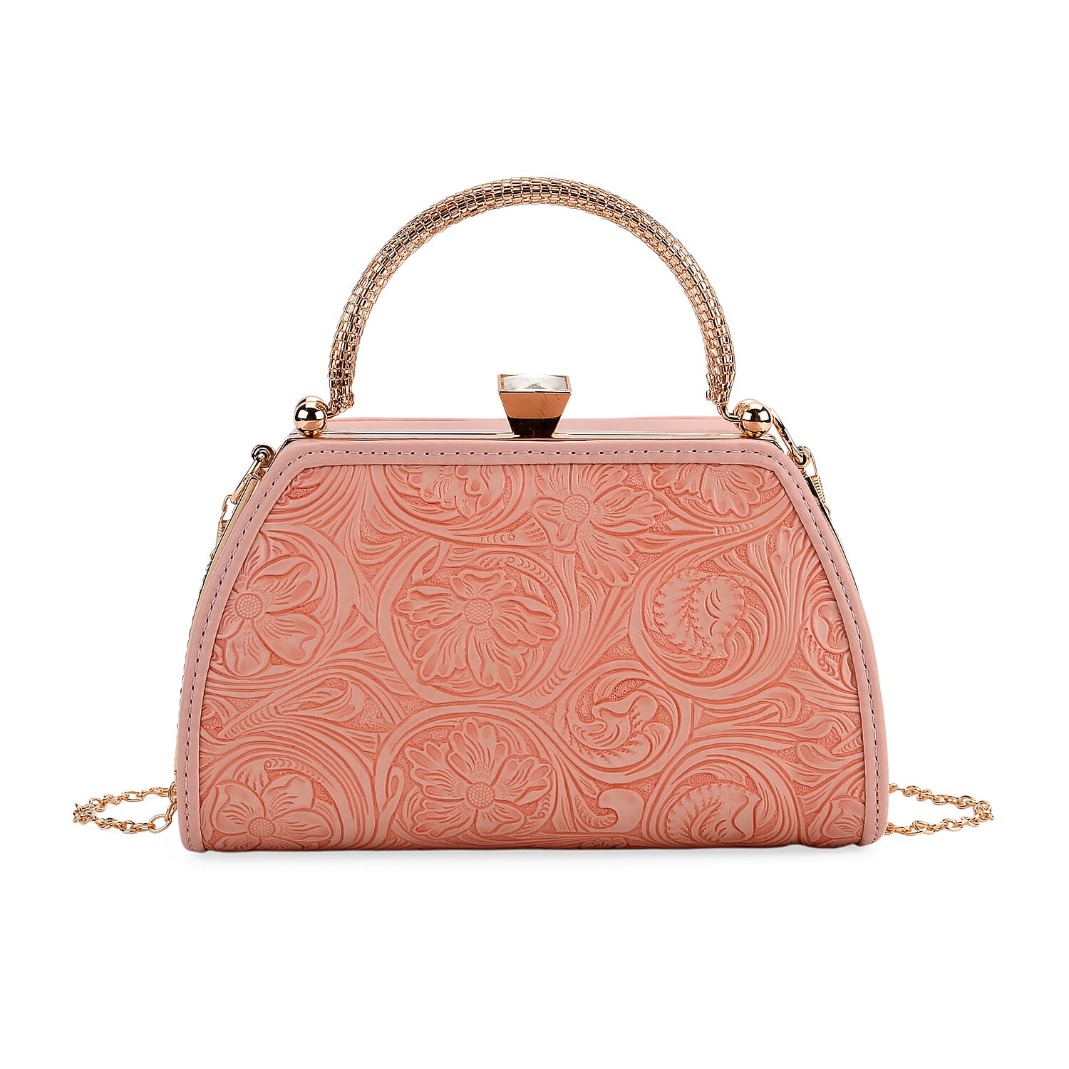 Brown Flower Embossed Faux Leather Trapezoidal Clutch Bag with Shoulder Strap