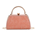 Brown Flower Embossed Faux Leather Trapezoidal Clutch Bag with Shoulder Strap - Sticky add to cart bar