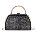 Brown Flower Embossed Faux Leather Trapezoidal Clutch Bag with Shoulder Strap - Sticky add to cart bar