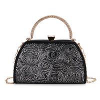 Brown Flower Embossed Faux Leather Trapezoidal Clutch Bag with Shoulder Strap