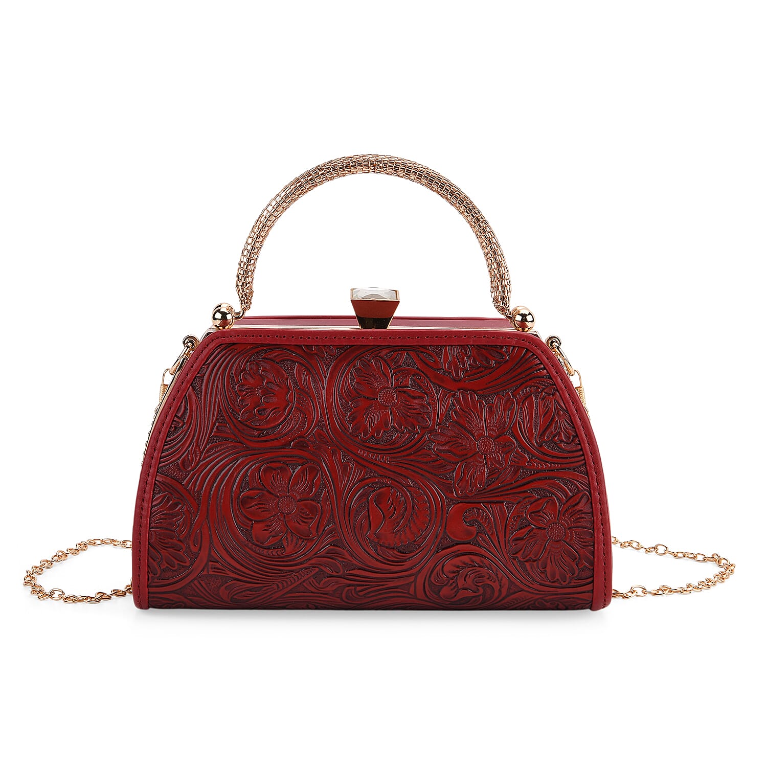 Brown Flower Embossed Faux Leather Trapezoidal Clutch Bag with Shoulder Strap