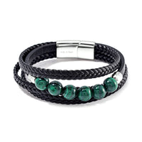 African Malachite Leather Cord Bracelet in Stainless Steel (7.50 In) 60.00 ctw