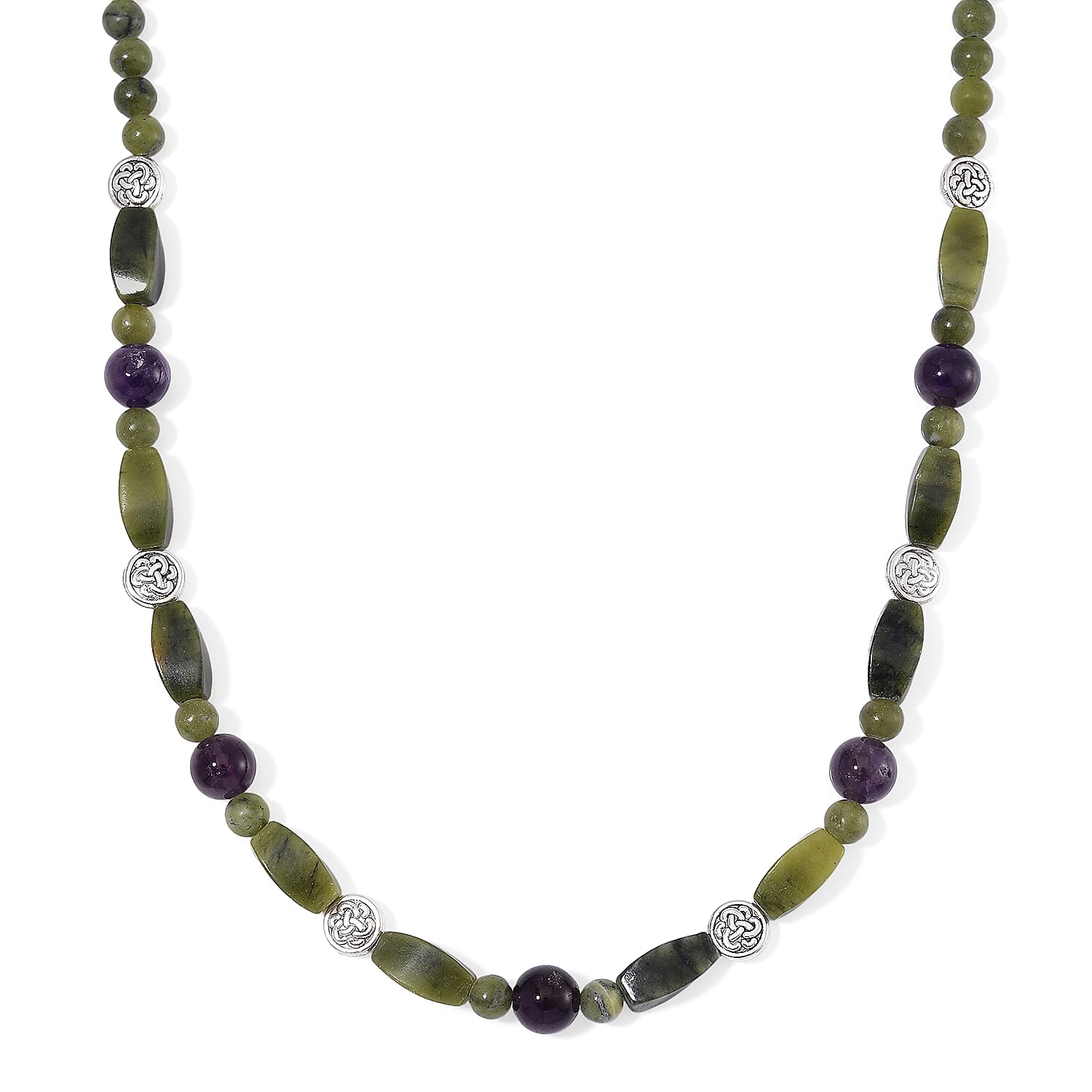 Connemara Marble and African Amethyst Beaded 185.00 ctw Necklace 18-20 Inches in Silvertone