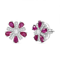 D'Joy Niassa Ruby (FF) and White Zircon 3.90 ctw Floral Earrings in Rhodium Over Sterling Silver