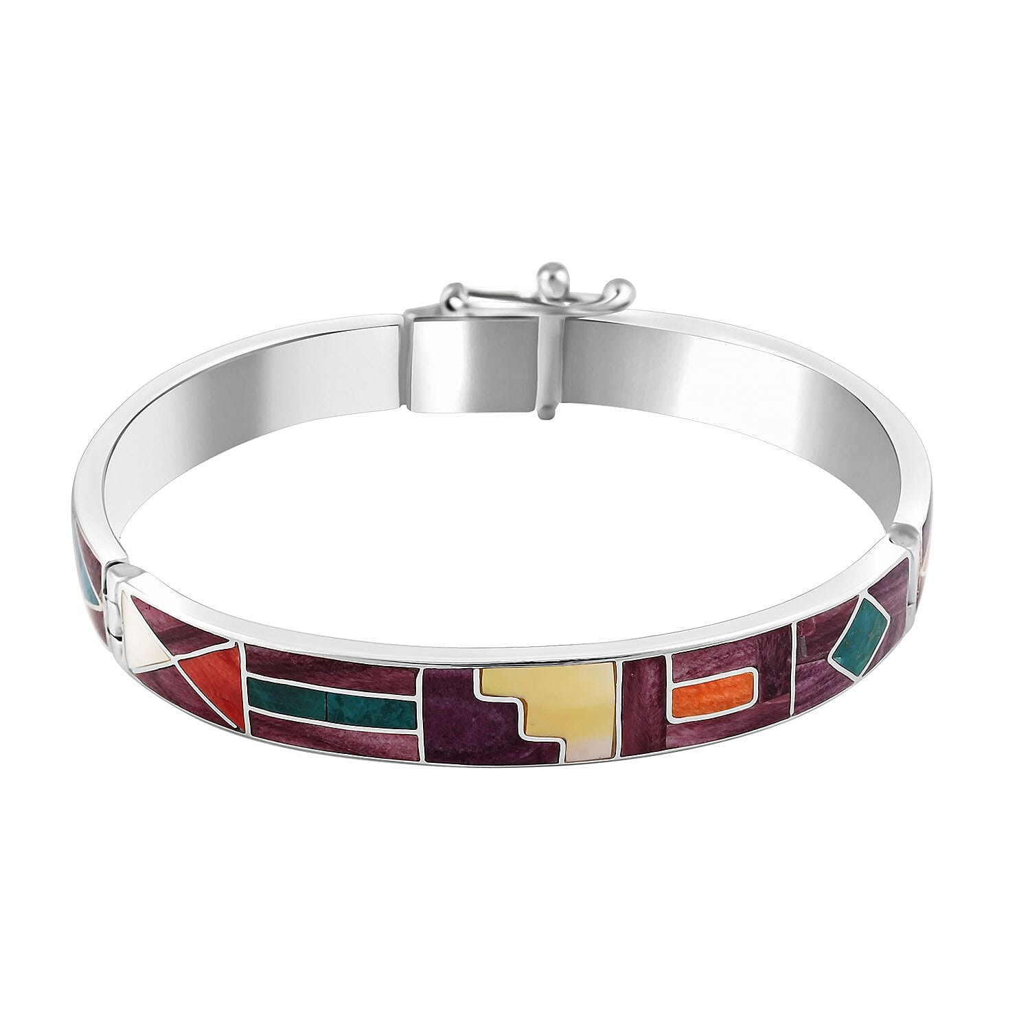 Peruvian Artistry Multi Gemstone 5.15 ctw Mountain 1 Line Bangle Bracelet in Sterling Silver (7.00 In)