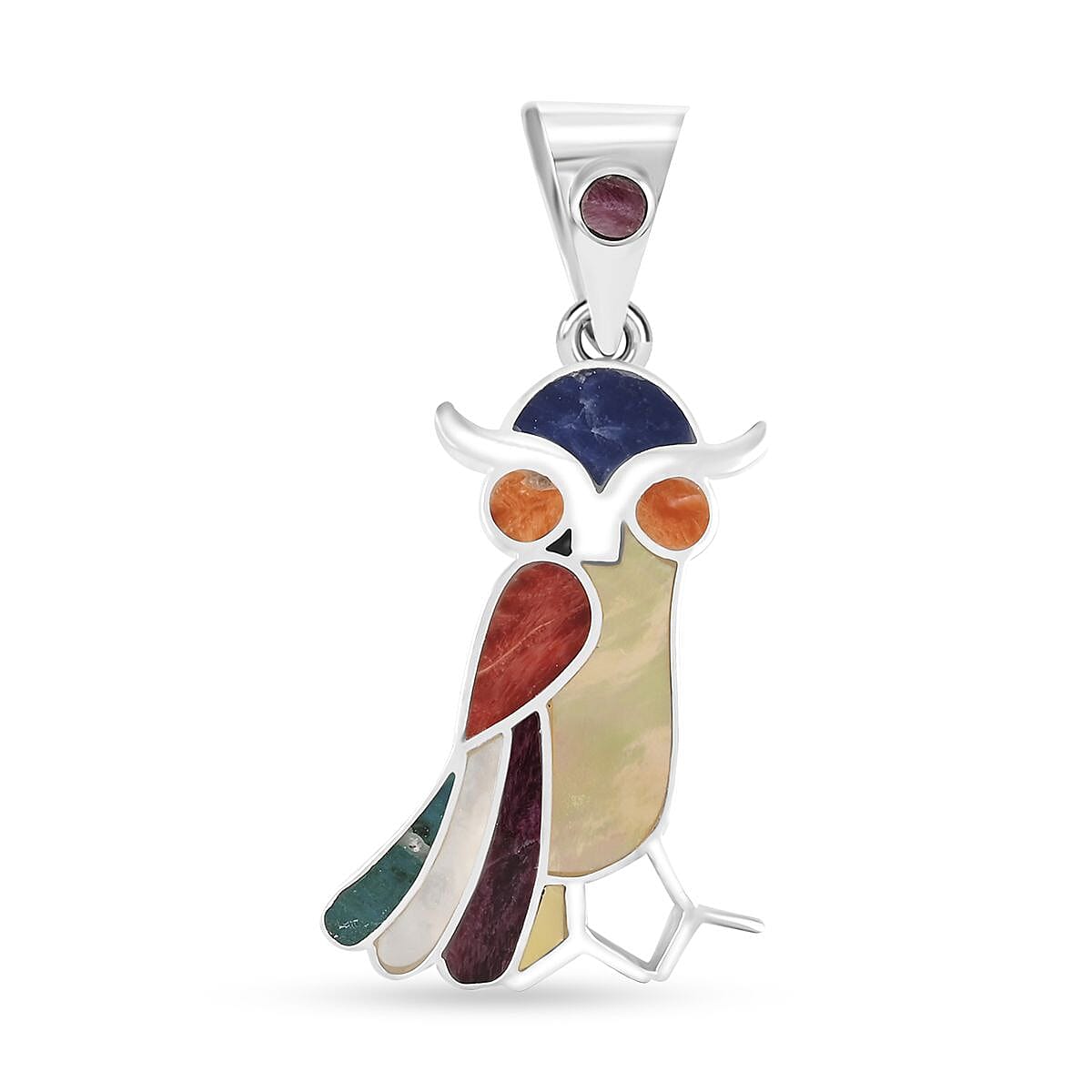 Peruvian Artistry Multi Gemstone 1.10 ctw Owl Pendant without Chain in Sterling Silver