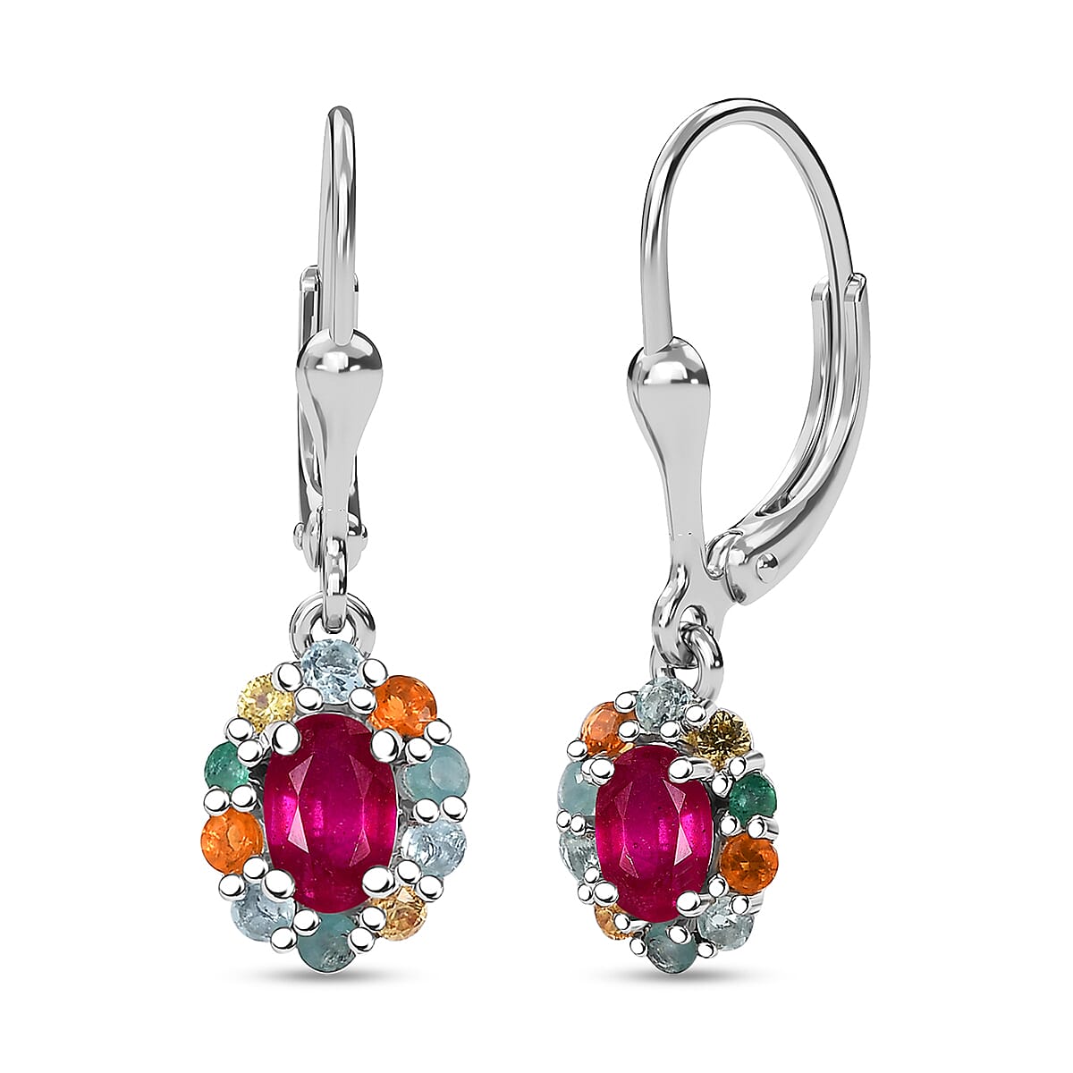 D'Joy Niassa Ruby (FF) and Multi Gemstones 2.10 ctw Dangling Earrings in Rhodium Over Sterling Silver