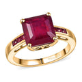 Asscher Cut African Ruby (FF) and Zambian Emerald 8.15 ctw Ring in 18K Vermeil Yellow Gold Sterling Silver (Size 6.5) - Sticky add to cart bar