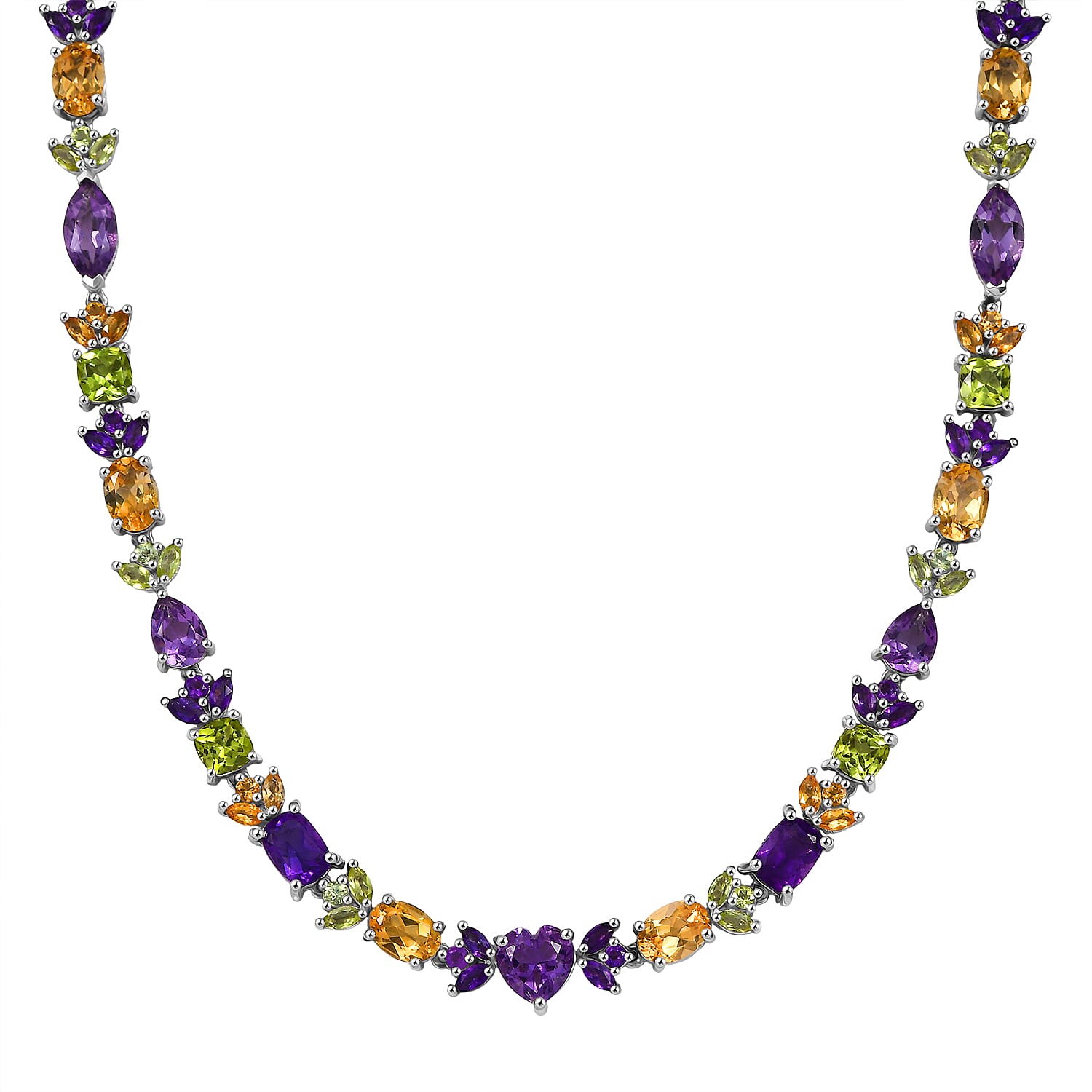 GP Royal Art Deco Collection Premium Rose De France Amethyst and Multi Gemstones 22.00 ctw Necklace in Rhodium Over Sterling Silver 18 Inches