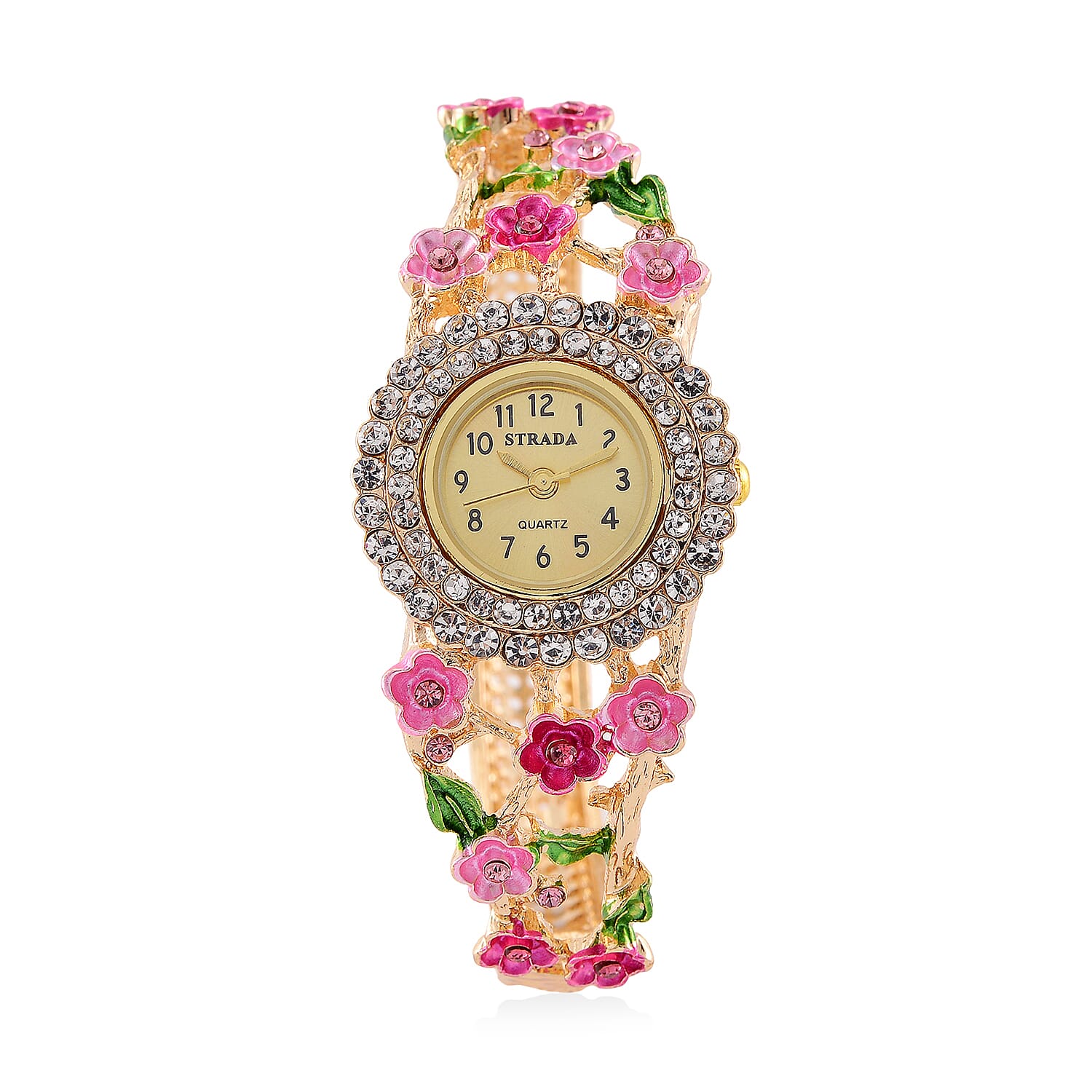 Strada Multi Color Crystal and Enameled Japanese Movement Cherry Blossom Bangle Bracelet Watch in Goldtone