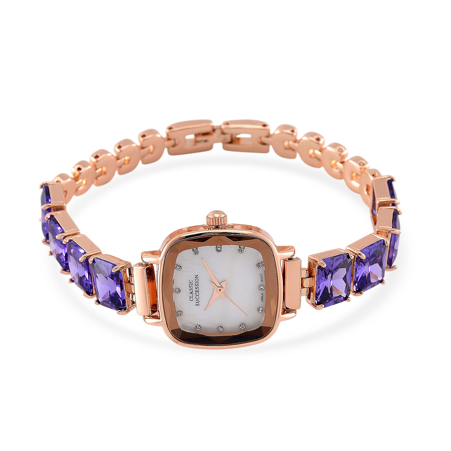 Classic Succession Austrian Crystal Miyota Japanese Movement Watch with Simulated Purple Diamond Strap in Rosetone and Stainless Steel Buckle 12.00 ctw