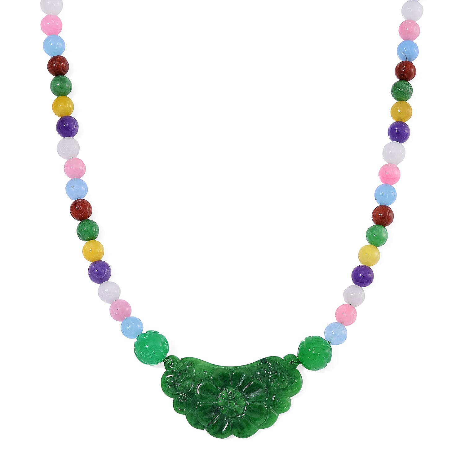 Green Jade Carved Flower and Multi Jade Beaded Necklace (20 Inches) in Rhodium Over Sterling Silver 340.00 ctw