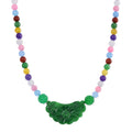 Green Jade Carved Flower and Multi Jade Beaded Necklace (20 Inches) in Rhodium Over Sterling Silver 340.00 ctw - Sticky add to cart bar