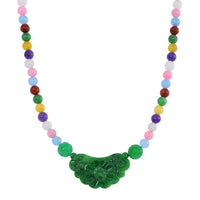 Green Jade Carved Flower and Multi Jade Beaded Necklace (20 Inches) in Rhodium Over Sterling Silver 340.00 ctw